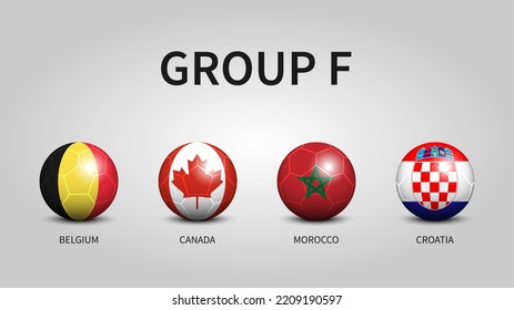 Qatar soccer cup tournament 2022 . Group F stages . Football with country flag pattern . Vector .