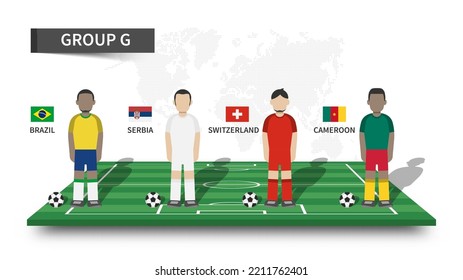 Qatar soccer cup tournament 2022 . 32 teams group stages and cartoon player character with jersey and country flags on perspective football field . Flat design . Vector .