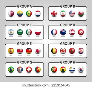 Qatar soccer cup tournament 2022 . Group stages . Football with country flag pattern . Vector .