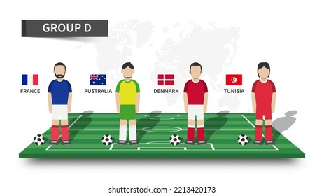 Qatar soccer cup tournament 2022 . 32 teams group stages and cartoon player character with jersey and country flags on perspective football field . Flat design . Vector .