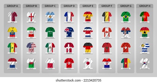 Qatar Fußball Cup Turnier 2022 . 32 Teams Gruppen mit Jersey und schwingenden Länderflaggen . Vektorgrafik.