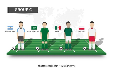 Qatar soccer cup tournament 2022 . 32 teams group stages and cartoon player character with jersey and country flags on perspective football field . Flat design . Vector .