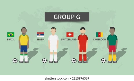 Qatar soccer cup tournament 2022 . 32 teams group stages and cartoon character with jersey and country flags . Flat design . Vector .