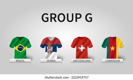 Qatar Fußball Cup Turnier 2022 . Stufen der Gruppe G . Jersey mit Länderflaggenmuster . Vektorgrafik.