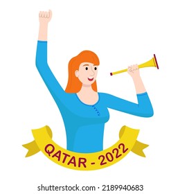 Qatar soccer fan girl cheering on her team. Cheerful cheerleader with raised hand and football pipe. Sports image in cartoon style. Vector illustration