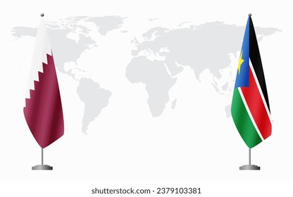  Banderas de Qatar y Sudán del Sur para una reunión oficial contra el fondo del mapa mundial.