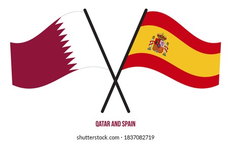 Banderas de Qatar y España cruzadas y ondeando estilo plano. Proporción oficial. Colores correctos.
