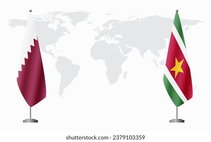  Qatar and Suriname flags for official meeting against background of world map.