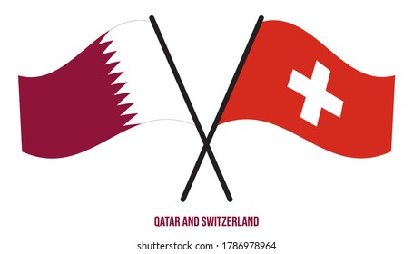 Qatar and Switzerland Flags Crossed And Waving Flat Style. Official Proportion. Correct Colors.