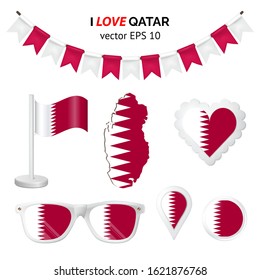 Qatar symbols attributes. Heart, flags, glasses, buttons and garlands with civil and Qatar state colors. Vector illustration for your graphic design.