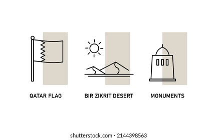 Qatar symbols set. Flag line icon. Bir Zakrit desert. Arabic monuments. Vector