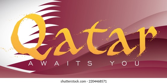 Qatar text made with sand over abstract maroon waves like the national flag.