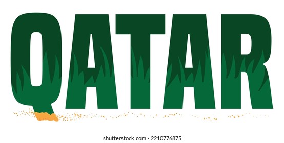 Qatar text sign decorated with sand and green grass, isolated over white background.