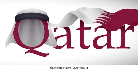 Qatar text wearing a traditional white keffiyeh with fabric converted in the national flag.