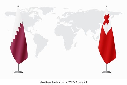  Qatar and Tonga flags for official meeting against background of world map.