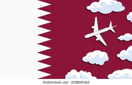 Qatar travel concept. Airplane with clouds on the background of the flag of Qatar. Vector illustration