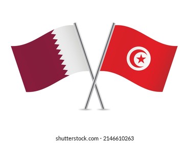 Qatar and Tunisia crossed flags. Qatari and Tunisian flags on white background. Vector icon set. Vector illustration.