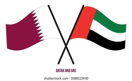 Qatar and UAE Flags Crossed And Waving Flat Style. Official Proportion. Correct Colors.