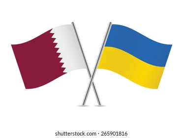 Qatar and Ukraine crossed flags. Qatari and Ukrainian flags, isolated on white background. Vector icon set. Vector illustration.