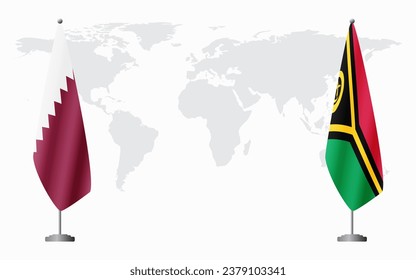  Qatar and Vanuatu flags for official meeting against background of world map.