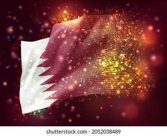 Qatar, vector 3d bandera sobre fondo morado rosa con iluminación y bengalas