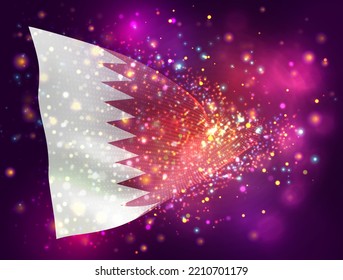 Qatar, vector 3d bandera sobre fondo morado rosa con iluminación y bengalas