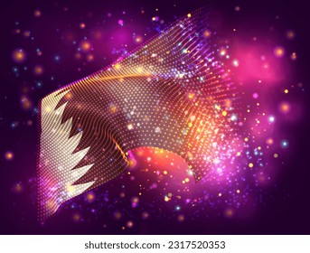 Qatar, vector 3d flag on pink purple background with lighting and flares