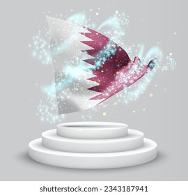 Qatar, vector 3d flag on the podium surrounded by a whirlwind of magical radiance