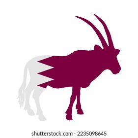 Qatar vector flag over Oryx gazelle national animal symbol silhouette illustration isolated on white background. Middle east state flag emblem. Arab country in Asia. Gemsbok antelope patriotic banner.
