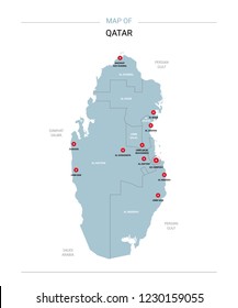 Qatar vector map. Editable template with regions, cities, red pins and blue surface on white background. 
