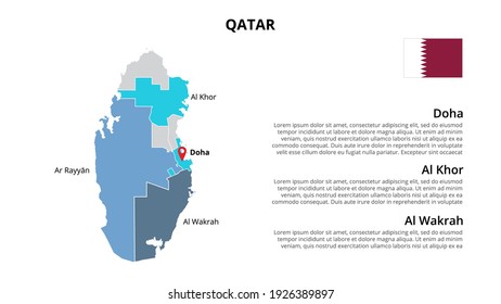 Qatar vector map infographic template divided by states, regions or provinces. Slide presentation.