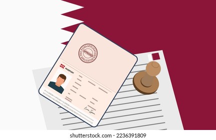 Qatar visa, open stamped passport with visa approved document for border crossing. Immigration visa concept. Background with Qatar flag. vector illustration