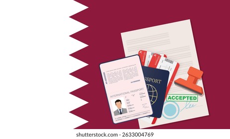 Visto do Catar, passaporte aberto carimbado com visto documento aprovado para a passagem da fronteira. Conceito de visto de imigração. Plano de fundo com bandeira do Catar. ilustração vetorial