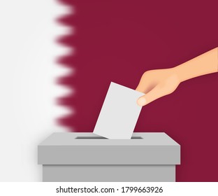 Qatar vote election banner background. Ballot Box with blurred flag