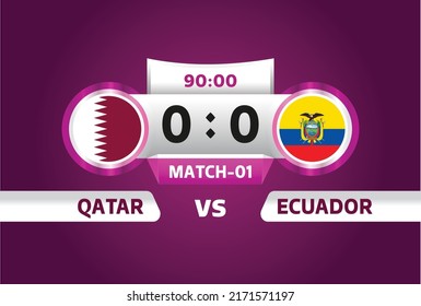 qatar vs Ecuador, world Football 2022, Group A. World Football Competition championship match versus teams intro sport background, championship competition final poster, vector illustration.	