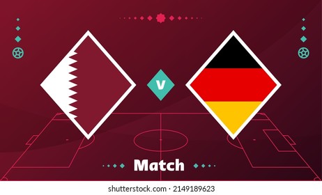 Partido Qatar vs Alemania. Partido del campeonato de fútbol de segunda jugada frente a equipos en campo de fútbol. Antecedentes deportivos internos, póster final del campeonato, ilustración vectorial de estilo plano