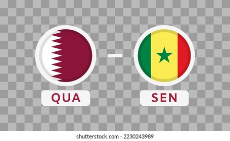 Qatar Vs Senegal Match Design Element. Flags Icons isolated on transparent background. Football Championship Competition Infographics. Announcement, Game Score, Scoreboard Template. Vector