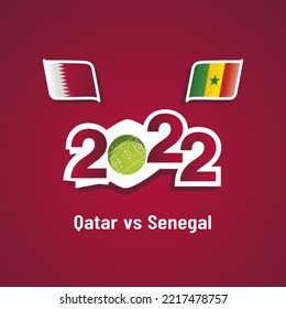 Qatar vs Senegal with Qatari and Senegalese flags soccer dark red background