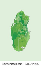 Qatar watercolor map vector illustration of green color with border lines of different cities on light background using paint brush in page