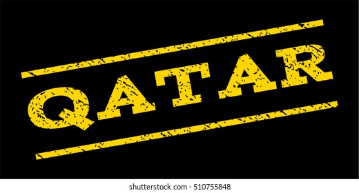 Qatar watermark stamp. Text caption between parallel lines with grunge design style. Rubber seal stamp with dust texture. Vector yellow color ink imprint on a blue background.