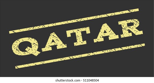Qatar watermark stamp. Text tag between parallel lines with grunge design style. Rubber seal stamp with unclean texture. Vector khaki yellow color ink imprint on a gray background.