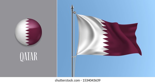 Qatar waving flag on flagpole and round icon vector illustration. Realistic 3d mockup with design of Qatari flag and circle button 