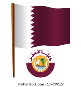 qatar wavy flag and coat of arm against white background, vector art illustration, image contains transparency