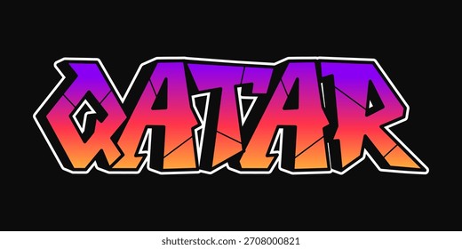Qatar word in bold graffiti-style typography with vibrant orange, pink and purple gradient on a black background, modern urban street-art look for branding and travel visuals