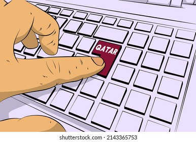 Qatar word on computer keyboard. Man push keypad on laptop. Comic book style concept.