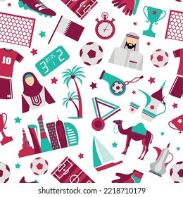 Qatar world chapmpiomship. Soccer Football theme. Seamless pattern fabric cover trend flat desig.