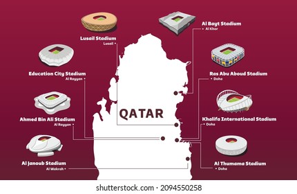 Qatar world cup 2022 stadium. Set for Football : 2022 Football stadium on map. Set for Football arenas. Soccer stadiums buildings.