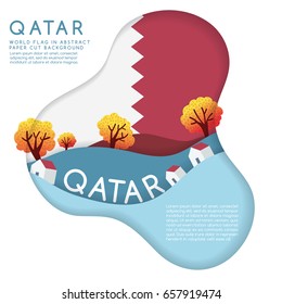 Qatar : World Flag in paper cut shapes with trees and mountains in the layers : Vector Illustration