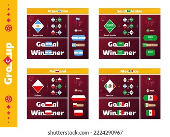 Qatar, world Football 2022 cup Group C argentina, poland, saudi arabia, mexico design media kit graphic collection. 2022 Football cup or Soccer Championship design elements vector set.