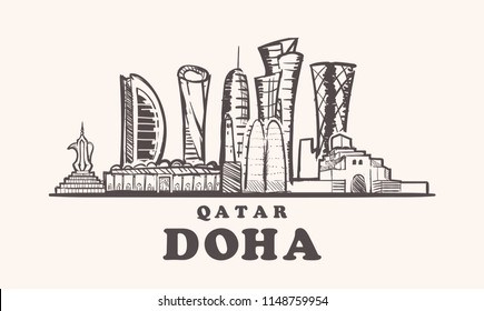 Katar, Doha Skyline handgezeichnet Skizze Vektorgrafik.